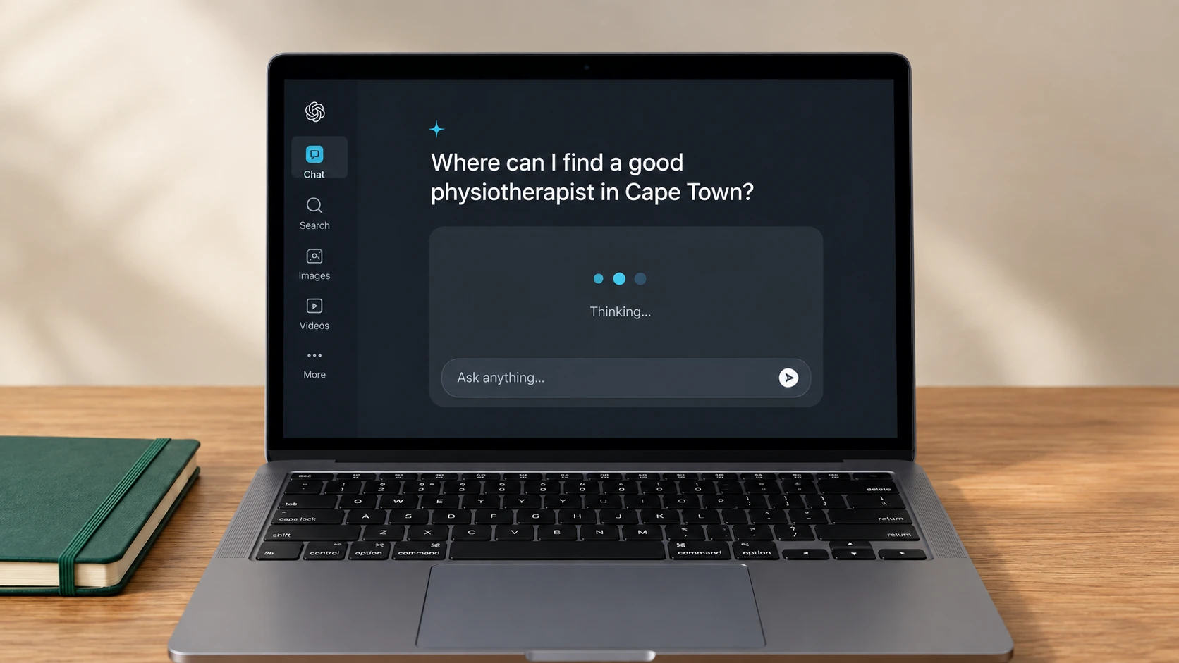 A laptop showing an AI chat answering a question about finding a local physiotherapist
