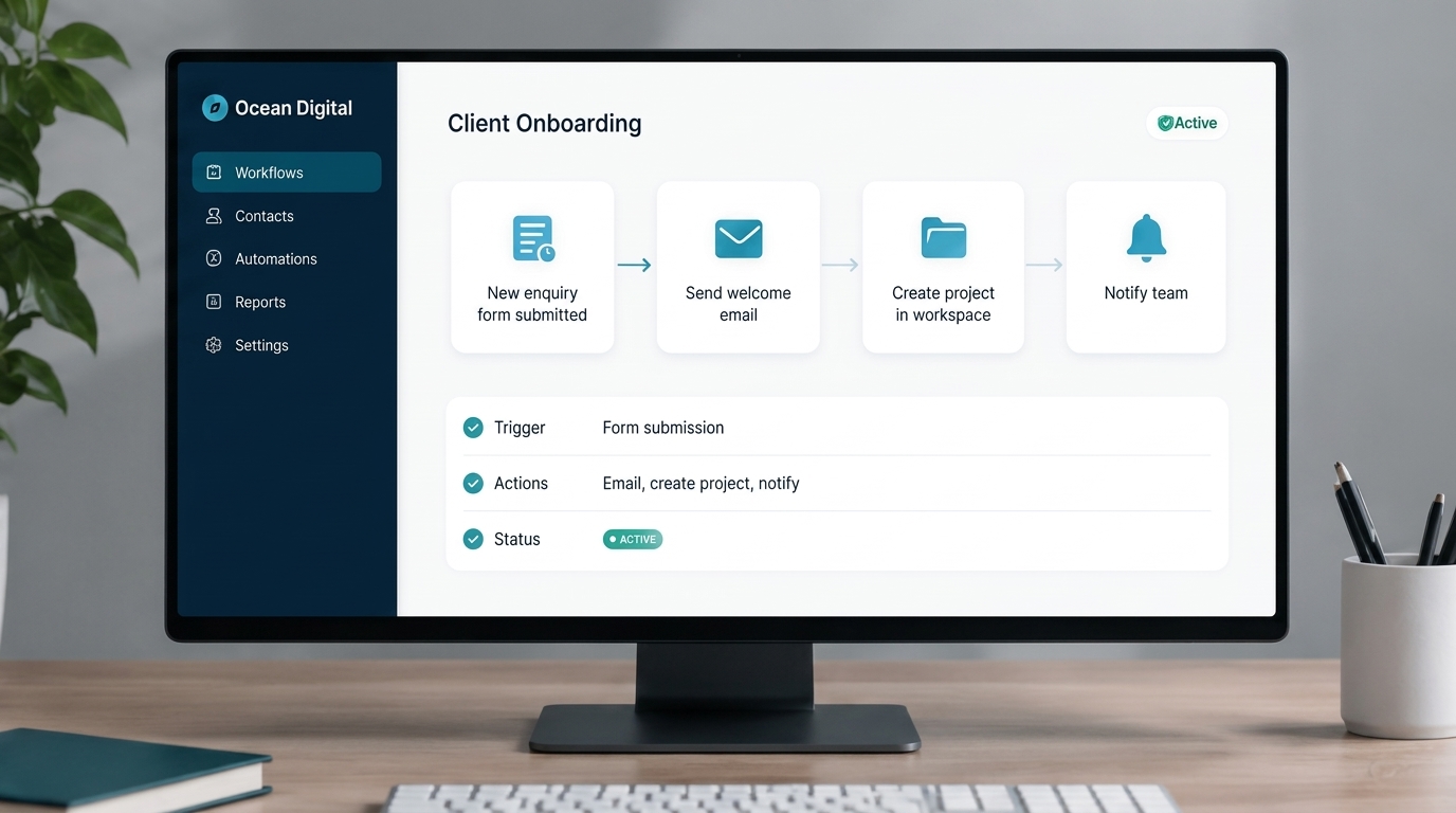A monitor showing a client onboarding workflow from enquiry to welcome email to team notification