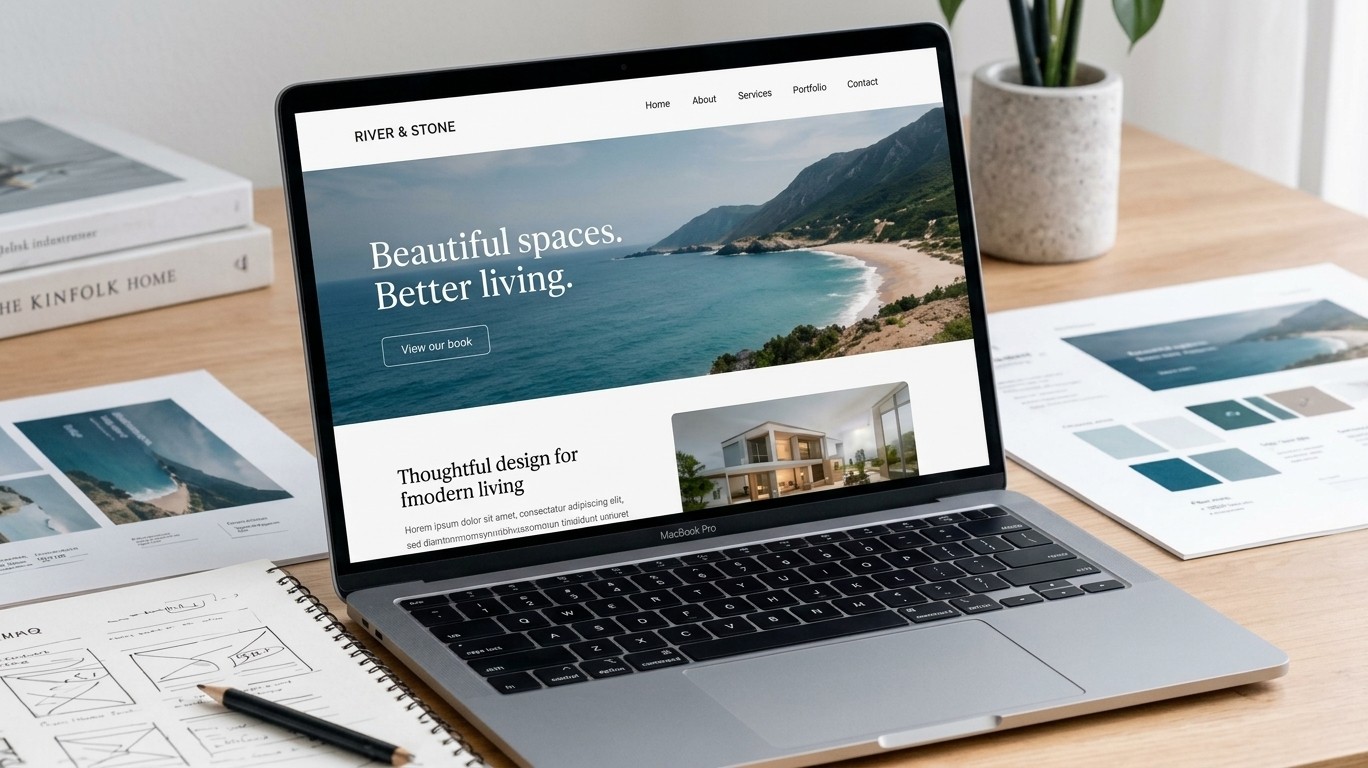 A laptop showing a polished website design beside brand sketches and colour swatches