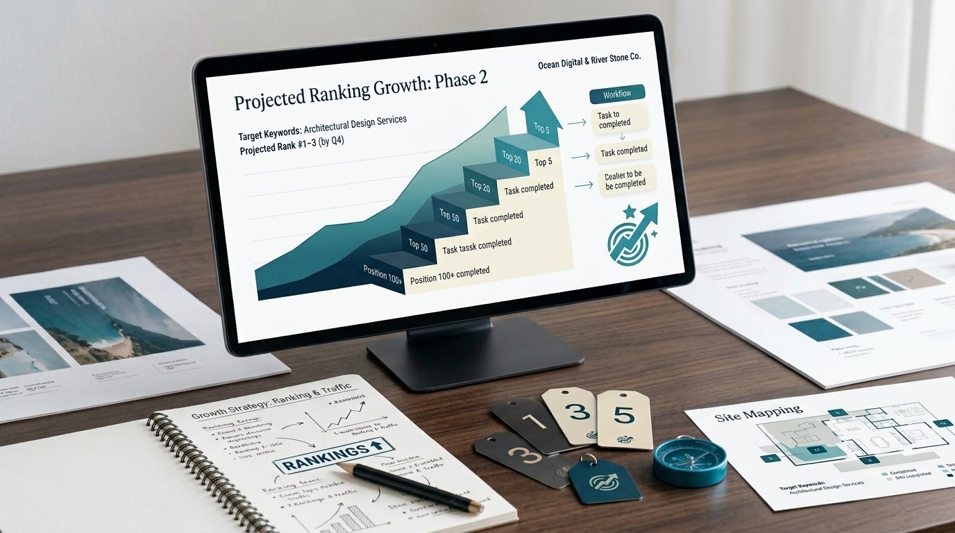 A monitor showing a projected search ranking growth chart beside notes and site mapping sheets